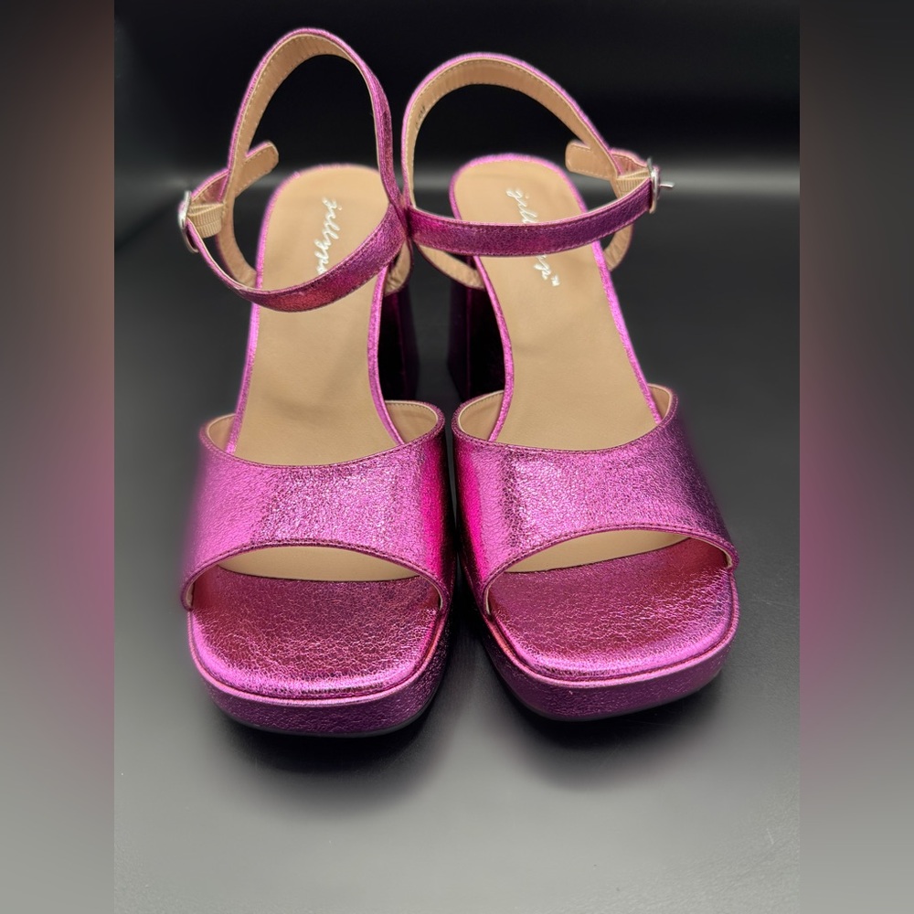 Hot Pink / Magenta Metallic Platform Block Heel Sandals Women 9.5 Ankle Strap